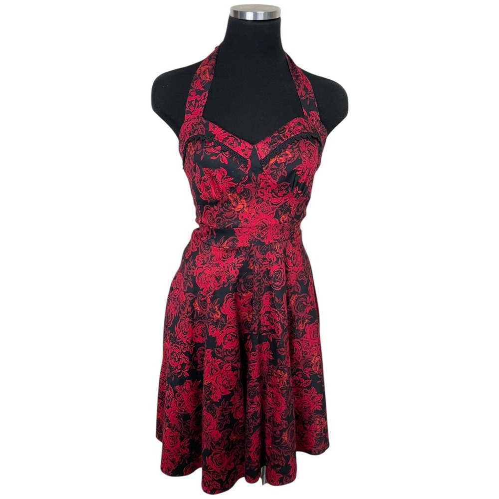 Hot Topic Floral Halter Dress S Red Black Swing Skirt  Whimsigoth Pinup Grunge
